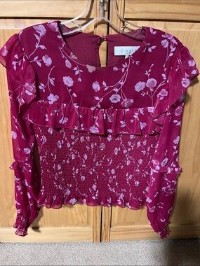 Wayf Plum Floral Smocked Ruffle Long Sleeve Top
